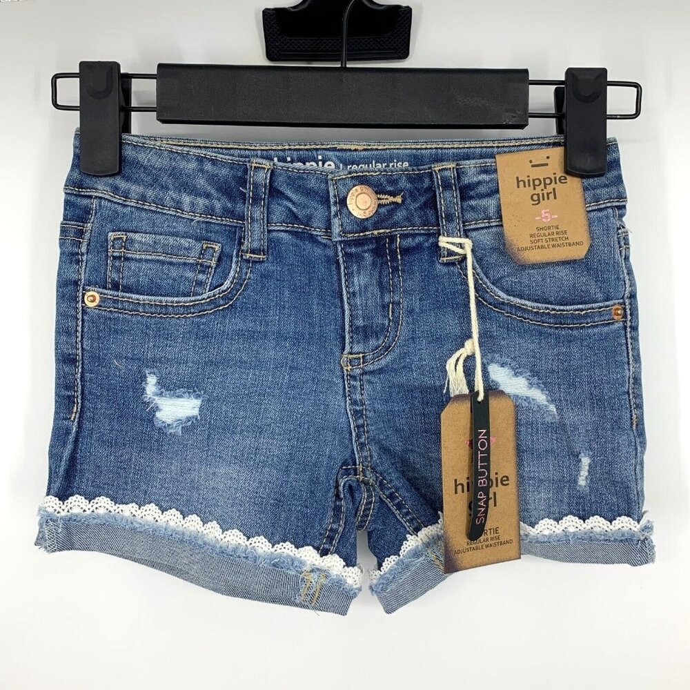 Hippie Girl Denim Shorts Shortie Snap Button Distressed Adjustable